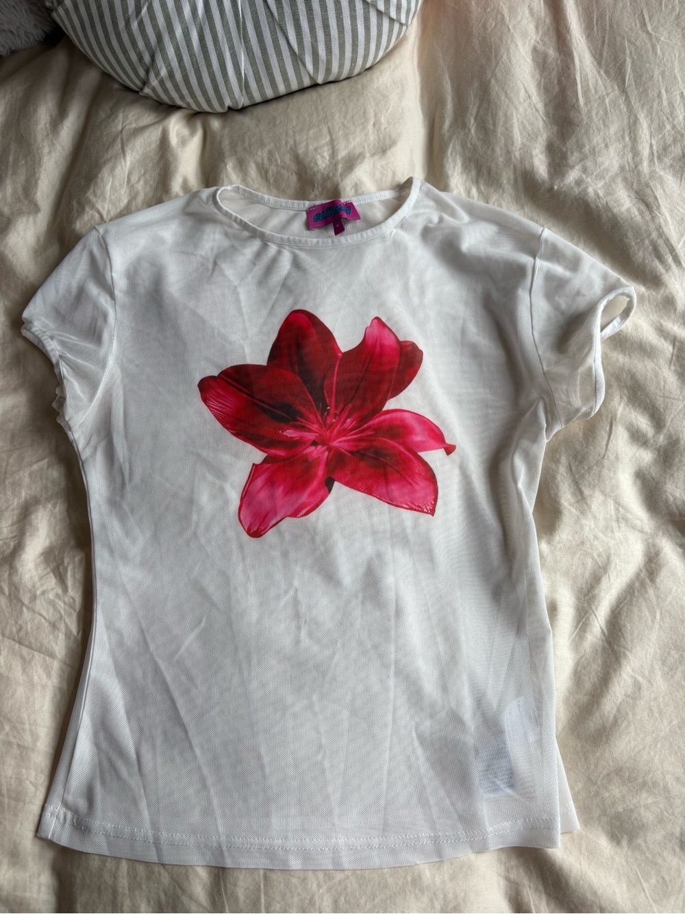 White Sheer Floral Graphic Tee with Pink Red Lily